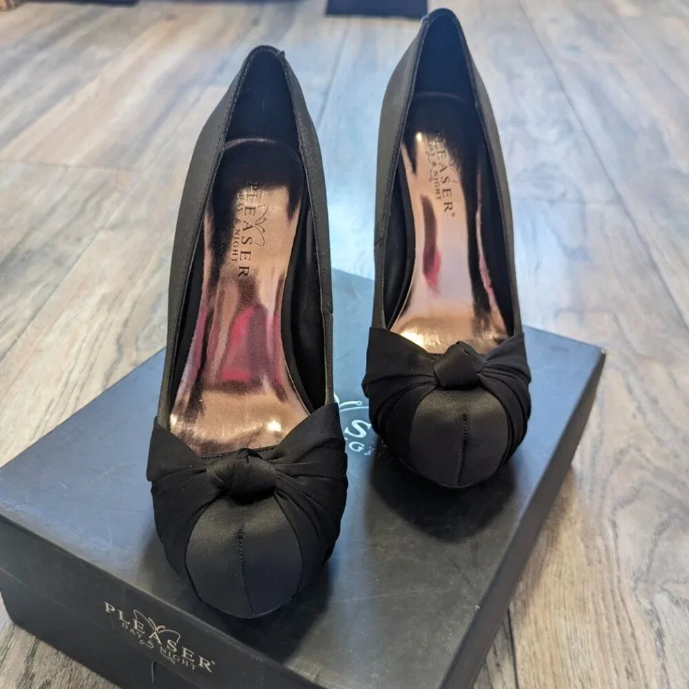 Pleaser Black Satin Heels Gorgeous 28 Platform Stiletto Pumps - Picture 3 of 8